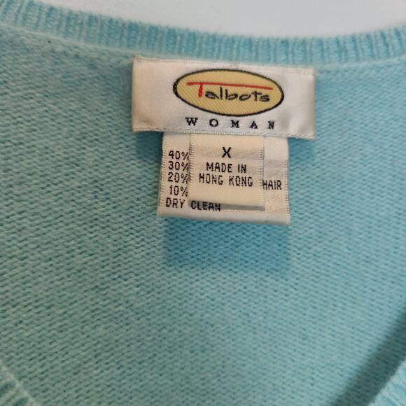 Vintage Talbots Sz 1X Blue Elbow Patch V Neck Sweater Merino Angora Cashmere - Picture 5 of 6